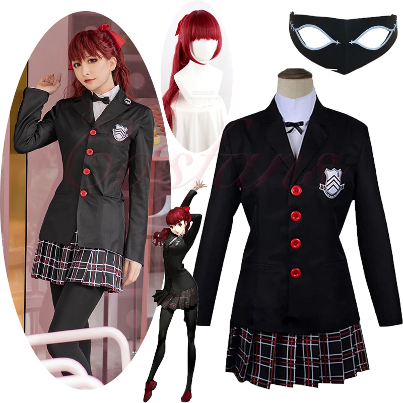 Kasumi Yoshizawa disfraz de Anime Persona 5 para mujer, pelucas, vestido de uniforme escolar, pelo rojo, Disfraces de Halloween, traje negro, Carnaval