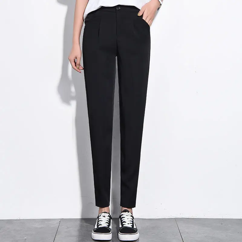 Women Casual Pants Comfort Ankle-Length Trousers Loose Office Lady Wide Leg Pants High Waist Drawstring Black