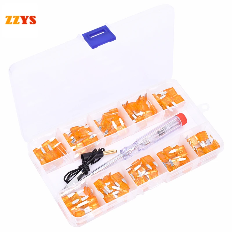 

100pcs Universal 5A Small Automotive Truck Auto Car Blade Type Fuse Aluminum Fuses Assortment Set with Box Clip and Test Pen