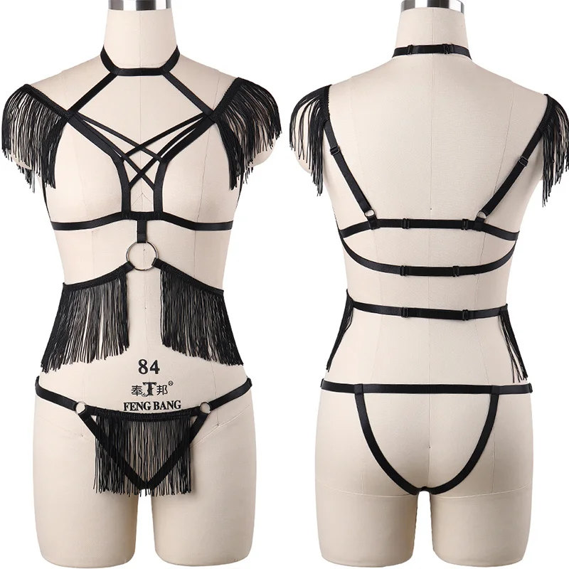 HANAERNES Elastic Adjustment Punk Dance Carnival Costume Gothic Suspender Women's Bra  tassel Tight Top Garter Sexy Lingerie Set