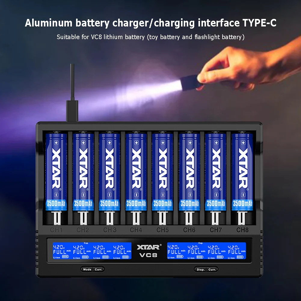 شاحن بطارية بشاشة LCD VC8 من كتلة الطاقة ، شاحن ذكي ذكي لبطارية الليثيوم AA AAA NiMH NiCd ، 8 Bay