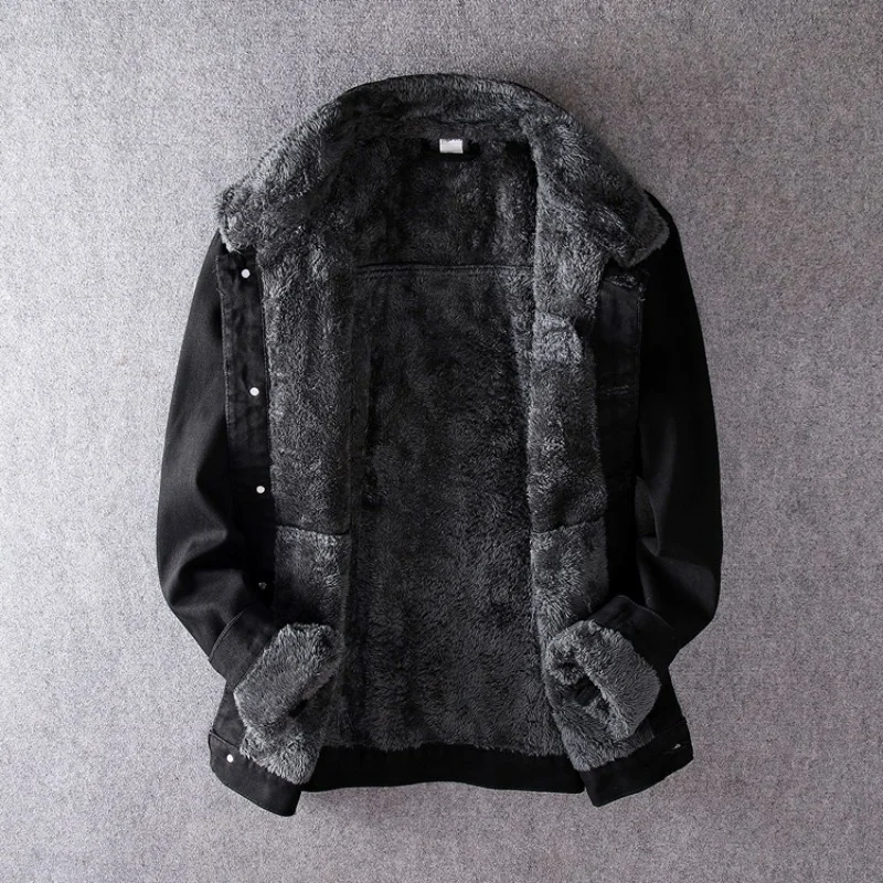 Winter 2022 Lapel Fleece Denim Jacket Mens Warm Large Size 5XL Casual Outerwear Street Slim Long Sleeve Black Motorcycle Jackets