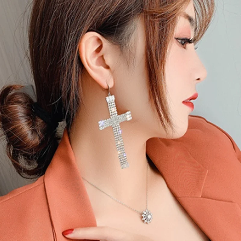 Women Geometric Crystal Drop Earrings Oversized Cross Rhinestone Pendant Earrings Personality Earrings Party Jewelry