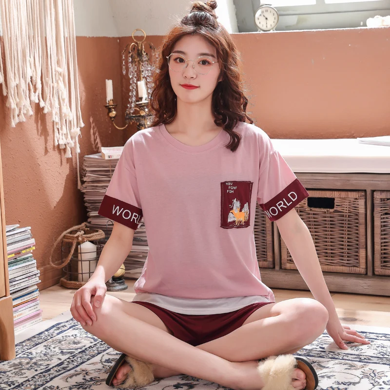 

Summer Cartoon Pyjamas Women Cotton Pajamas Set Short Sleeve Round Neck Casual Soft Sleepwear Loose Sweet Pyjama Femme