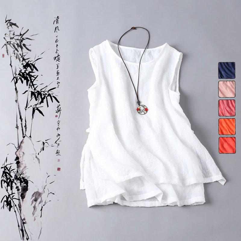 2020 lato nowy styl sztuki kobiety podkoszulki bez rękawów bawełniana pościel Casual biały Top Femme zbiornik paliwa w stylu Vintage Top rozmiar M-XXL S731