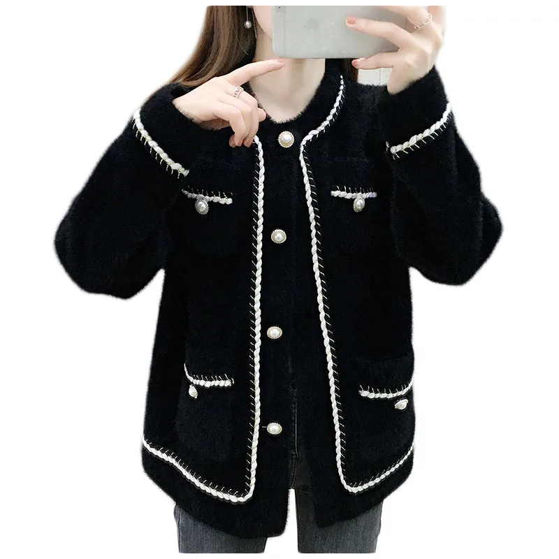 Short Jacket Women Shaggy Coat Autumn Cardigan Knit Sweater Female Tops Imitation Mink Velvet Single-Breasted Casual Outerwear