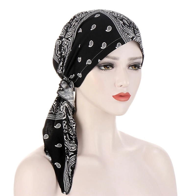 

2021 New fashion print woman turban hat soft elastic flowers lady muslim headdress wrap head scarf hijab caps turbante female