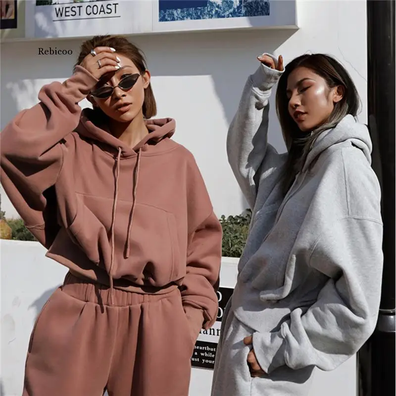 Solid Tracksuit Women Two Piece Set Autumn Winter Clothes Hooded Oversized Sweatshirt Top Sweatpants Sports Jogging Suit Outfits