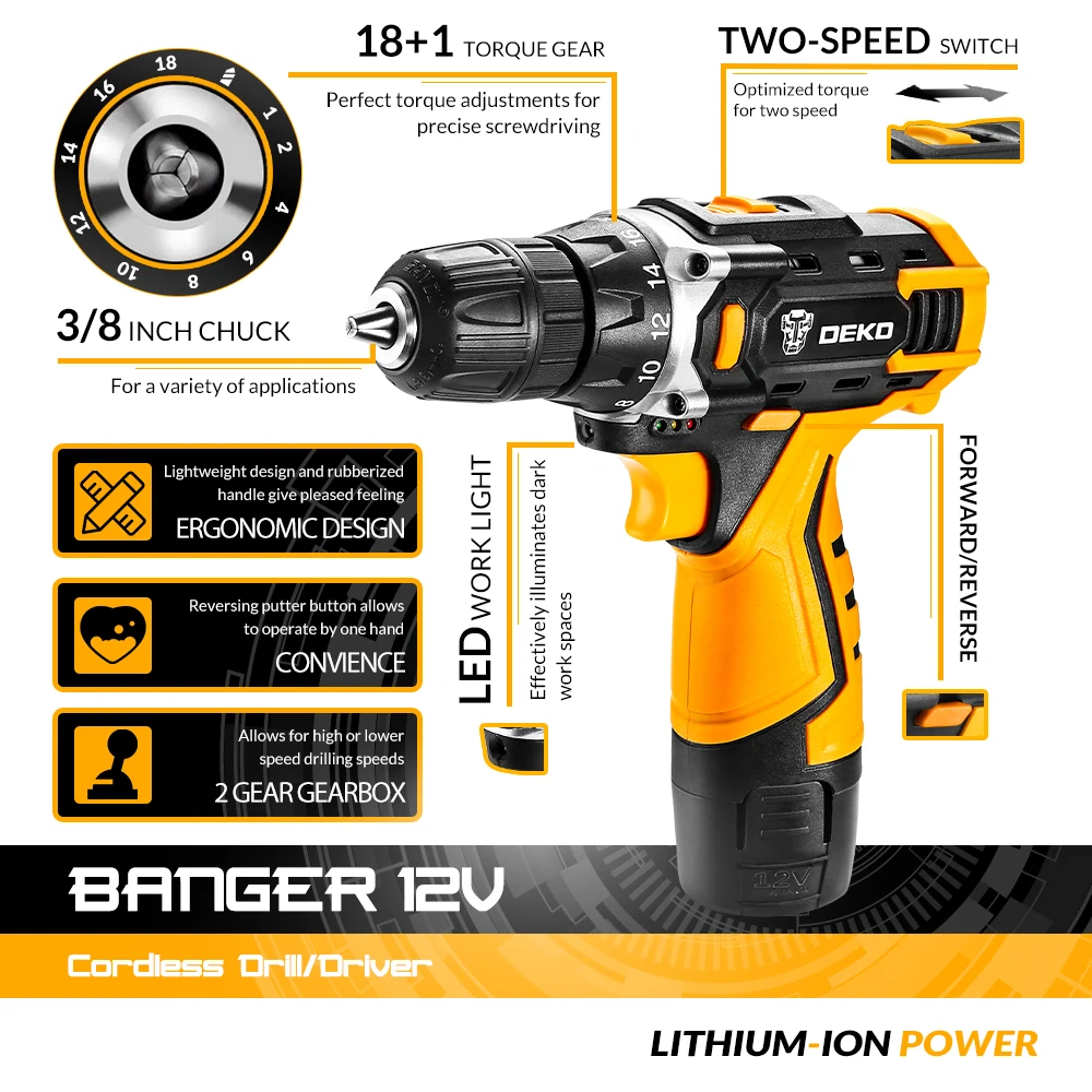 DEKO New 12V 16V 20V Cordless Drill Screwdriver Mini Wireless Power Driver Lithium-Ion Battery LED Light 18+1 Settings