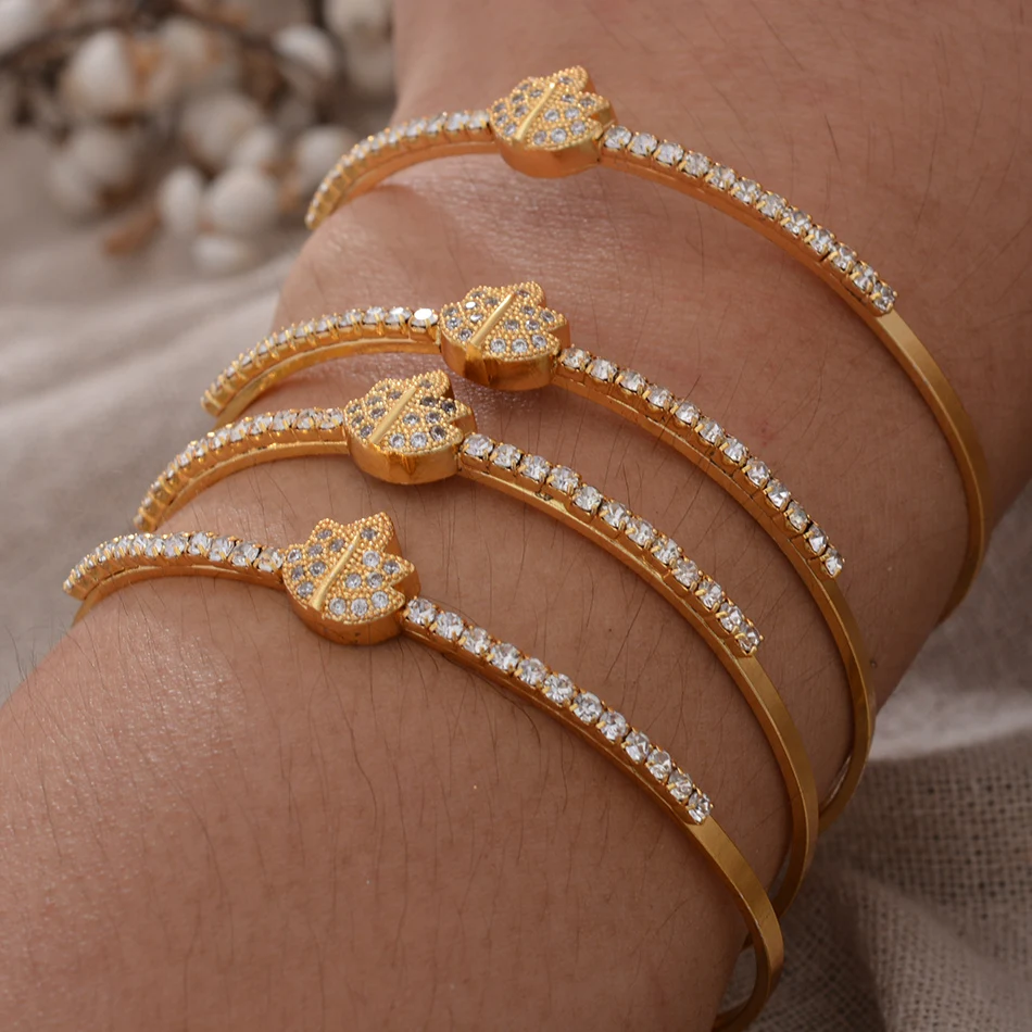 Dubai Bangle 4pcs/Lot Ethiopian Gold Color Cuff Bangles For Women Bride Wedding Leaf Bracelet African Arab Maple Leaf Jewelry