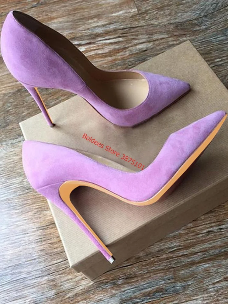 Sexy Pointed Toe High Heel Pumps Purple Suede Slip On Dress Shoes 12CM High Heel Dress Shoes Office Shoes