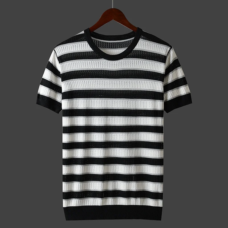 New Summer Male Slim Casual Tee Shirt Men Korean Fashion Striped Short Sleeve Tees Men O Neck Knitted Ice Silk T Shirt Top B16