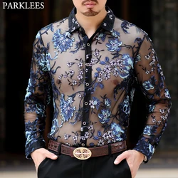 Luxury Floral Embroidery Fishnet Shirt Men Transparent See Through Sexy Dress Shirts Mens Social Party Event Lace Sheer Blouse