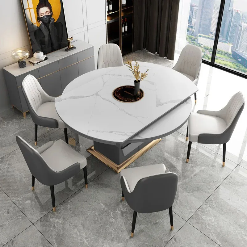 functional dining table with electromagnetic oven telescopic round dining table folding household rock plate dining table