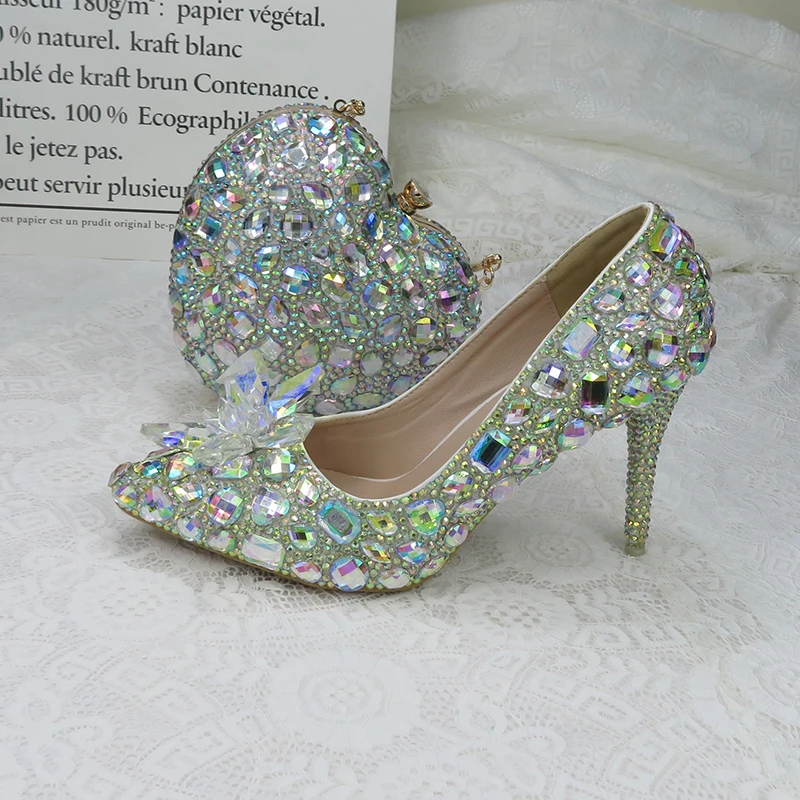 AB crystal royal blue Fucshia Heart handbags and shoes woman Luxury Wedding shoes Ankle strap Ladies Party shoe female view 3