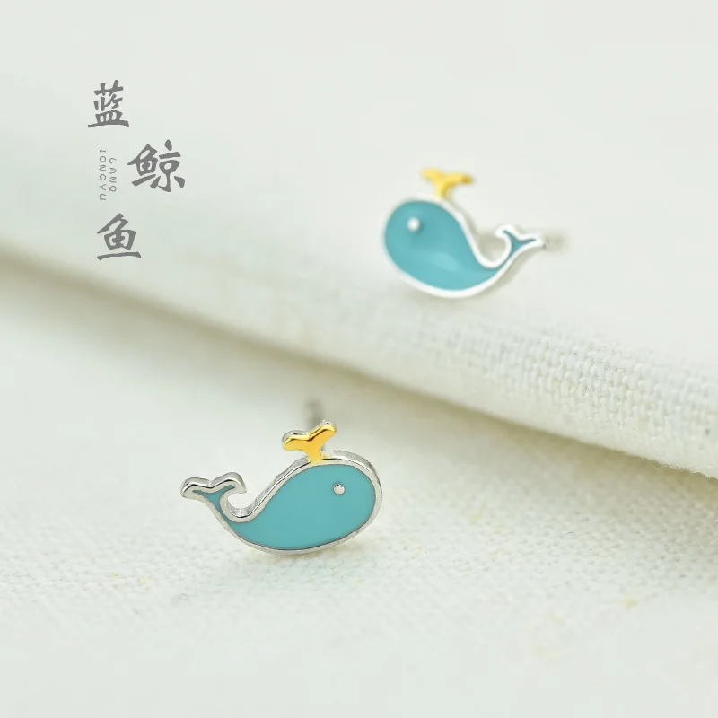 Blue Whale Animals Stud Earrings For Women Golden Spray Silver Color Edging Eyes Cute Teen Girls Friendship Jewelry Party Gifts