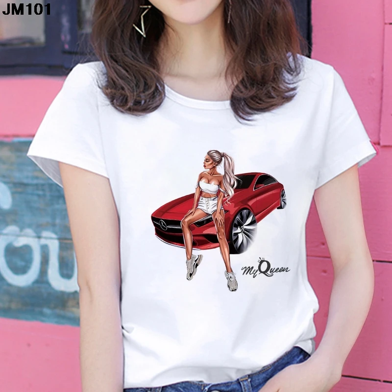 Fashion Car Model Printed T Shirt Summer Women's Short Sleeve T-shirt Harajuku Casual Streetwear White Top Woman Tshirt Clothing