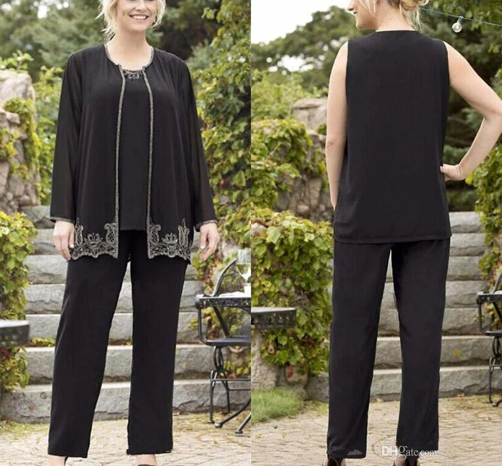 

Plus Size Black Chiffon Mother Of The Bride Pant Suits With Jacket Appliqued Wedding Mothers Guest Dress Three Pieces