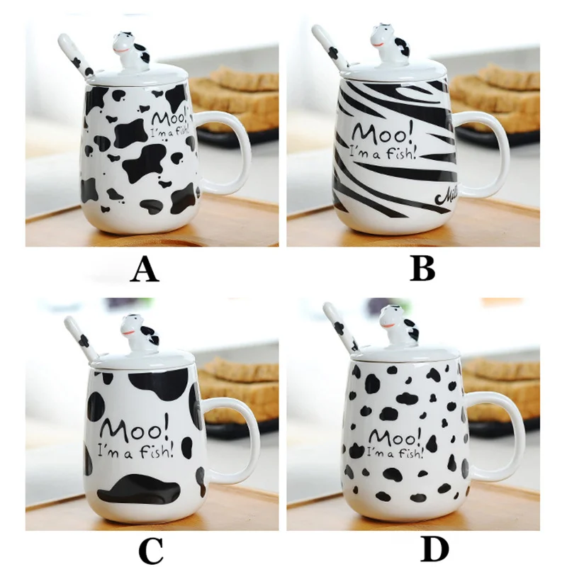 Moo! I'm a Fish! Ceramic Water Mug Dairy Cow Design Office Coffee Mug,Cute Morning Breakfast Milk Coffee Mugs With Lid Spoon image 5