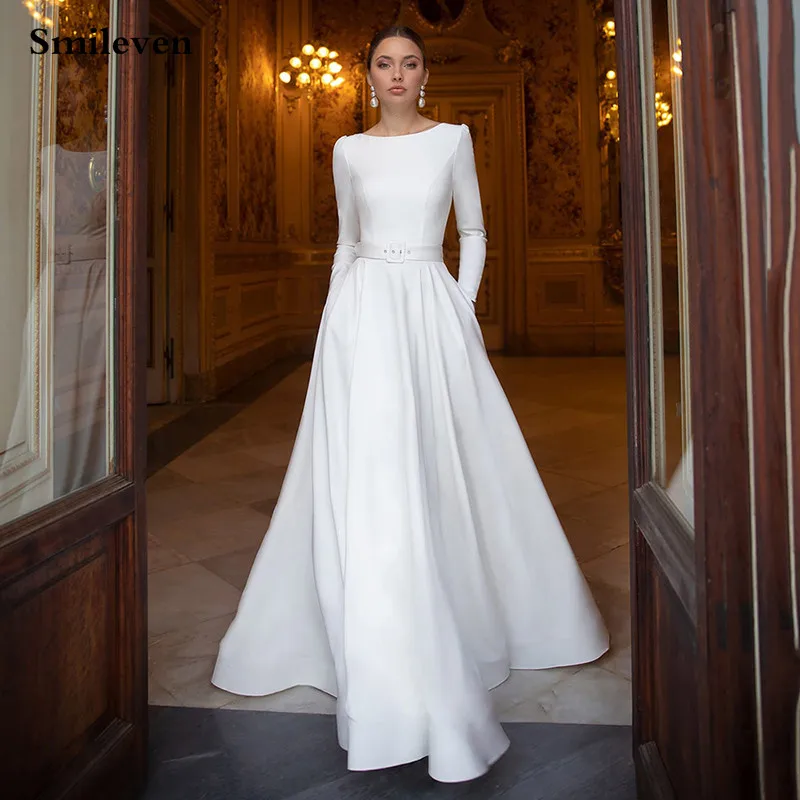 Smileven Elegant Satin Wedding Dresses Long Sleeve Lace Bridal Gowns Muslim Wedding Gown Covered Back Vestido de novia 2021