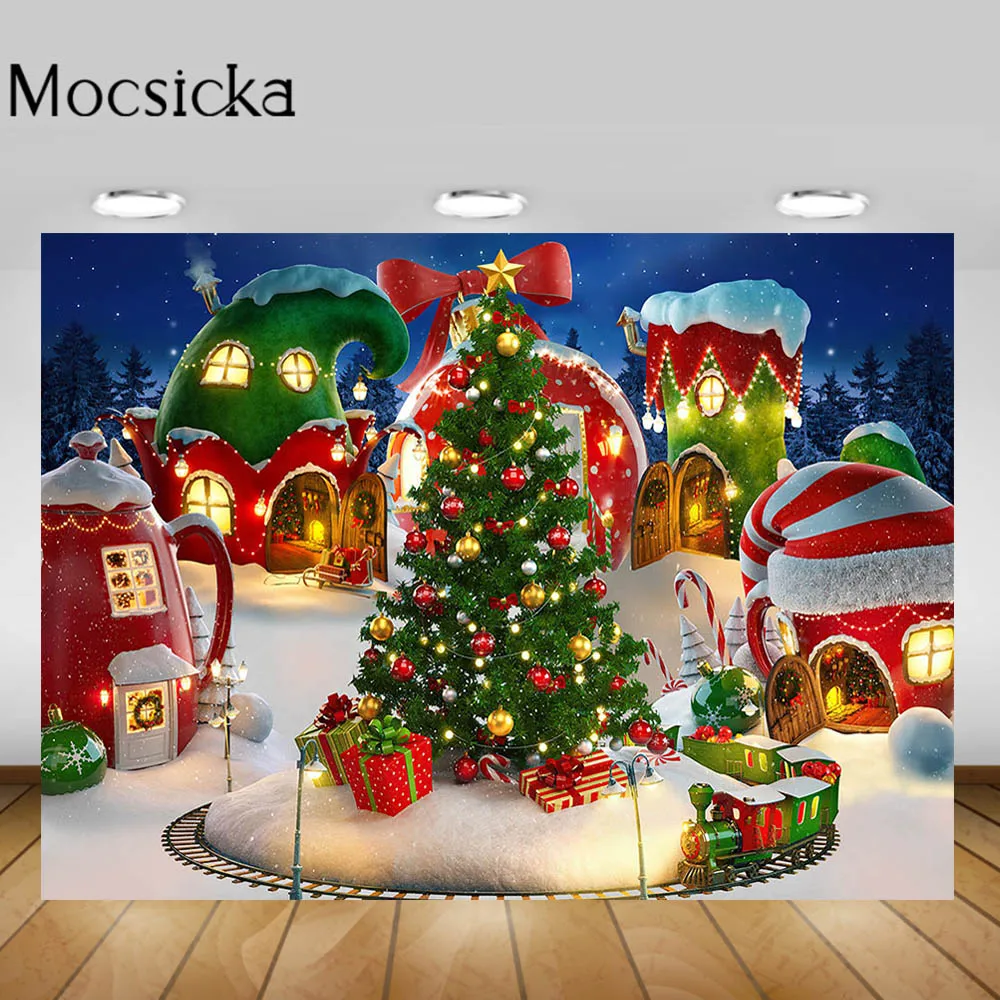 

Mocsicka Christmas Backdrop Winter Snow Kids Newborn Photography Xmas Tree Lights House Photo Background Decoration Studio Props