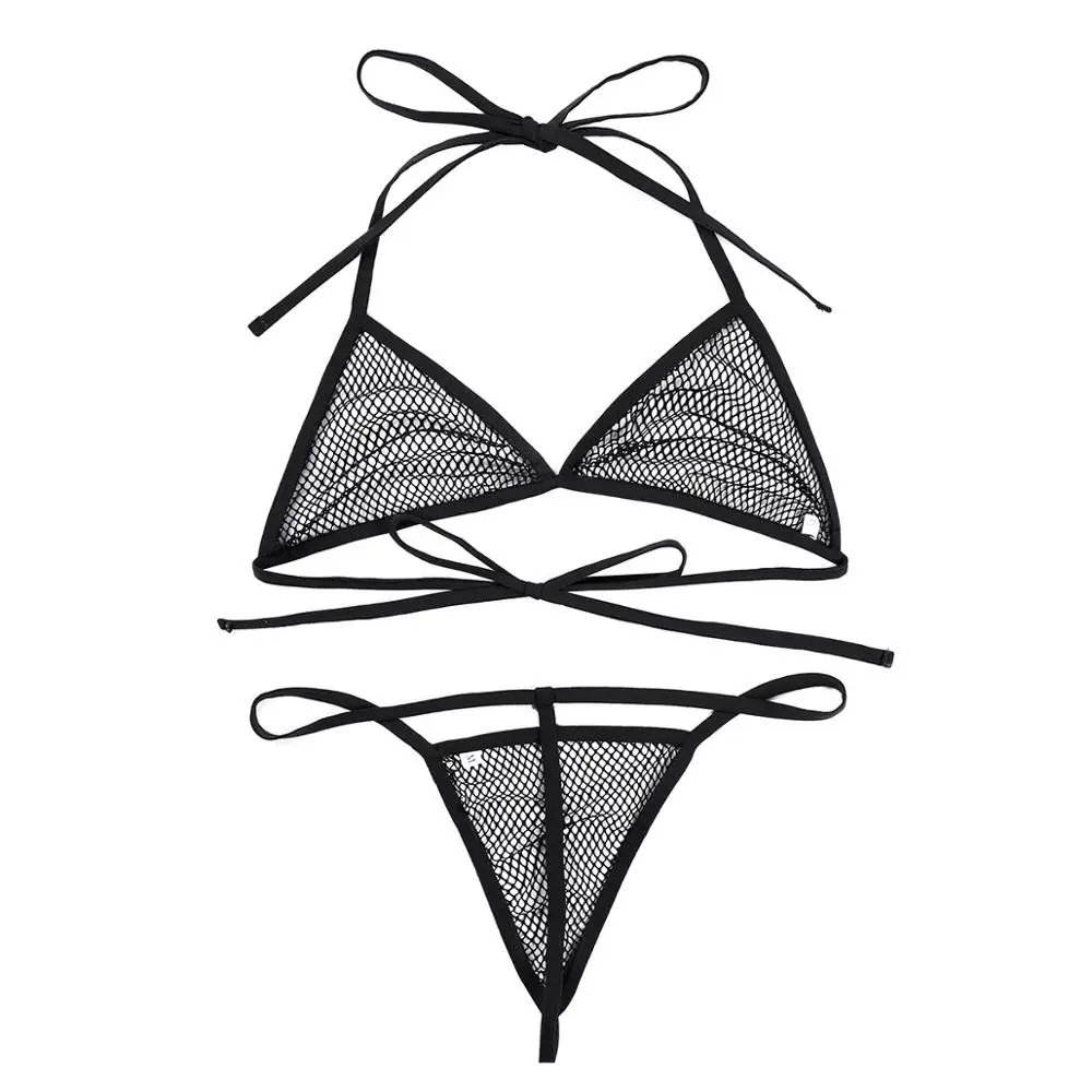 Alvivi Women Fishnet Bra Top Erotic G-string Set Sexy Sheer Mesh Lingerie Set Transparent Swimsuit Bikini Bra Set Thongs Panties