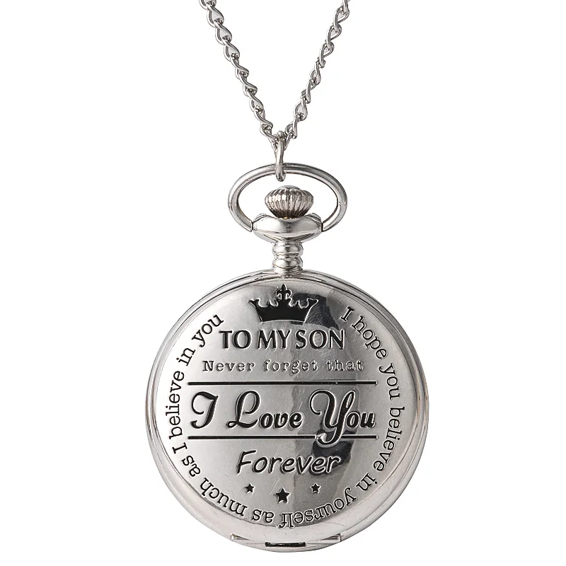 8809FOREVER letter quartz pocket watch large pocket watch silver To My Son flip crown pocket watch with necklace