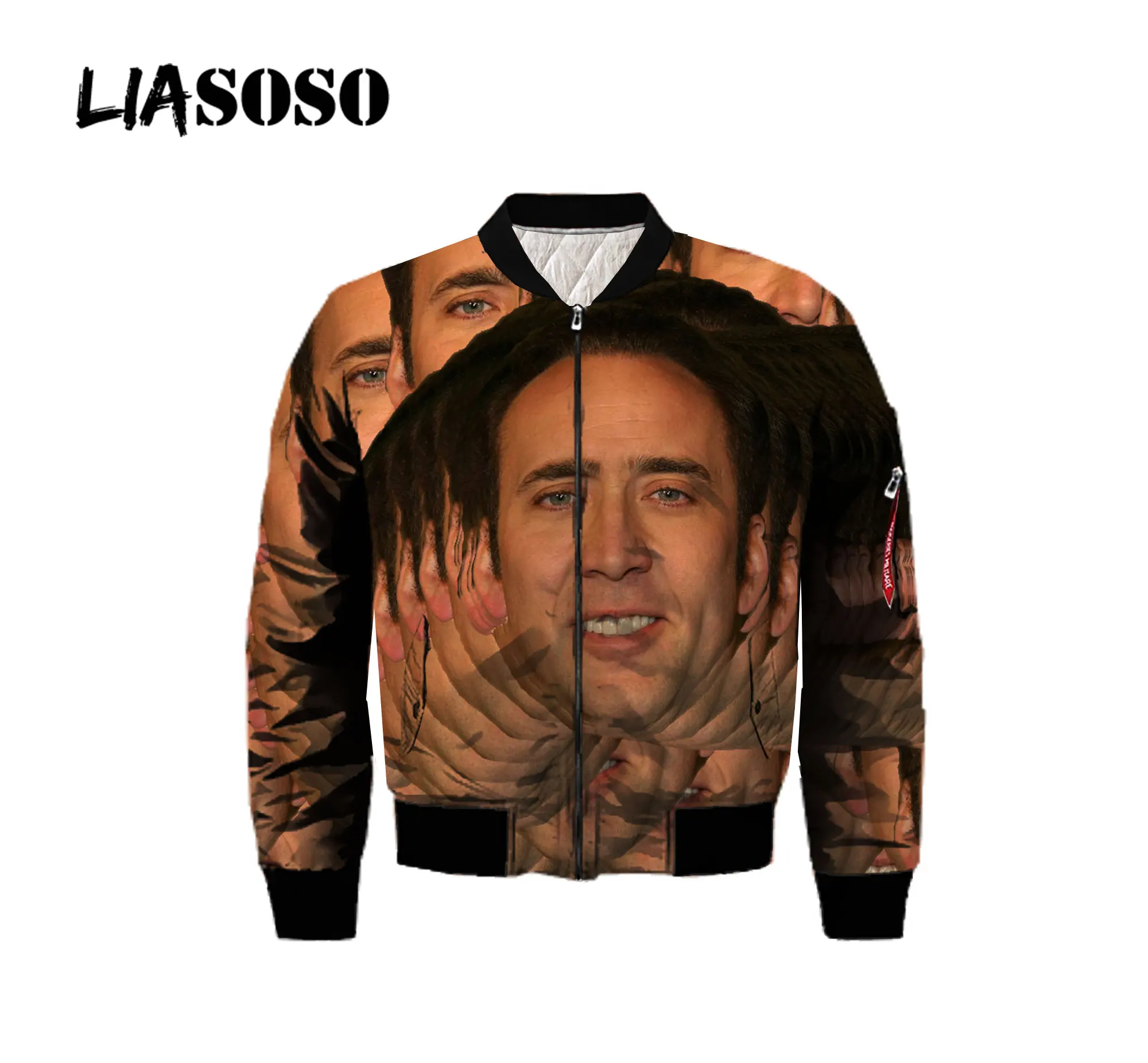 LIASOSO Funny Actor Nicolas Cage Many Faces Bomber Jacket 3D Print Men Winter Thick Flight Jacket Coat Punk Retro Youth Tops