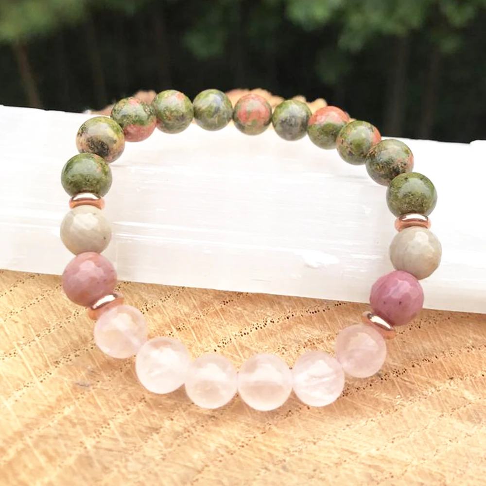 Wholesale Natural Rose Quartz Womens Bracelet 8 MM Natural Unakite Jasper Rhodonite Bracelet Spiritual Fertility Goddess Jewelry