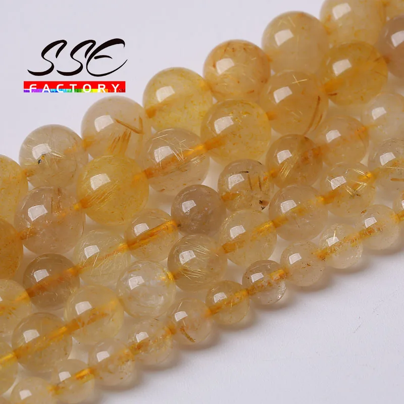 AAAAA Natural Gold Rutilated Quartz Beads For Jewelry Making Yellow Crystals Loose Beads DIY Bracelet Necklace 4 6 8 10 12mm 15