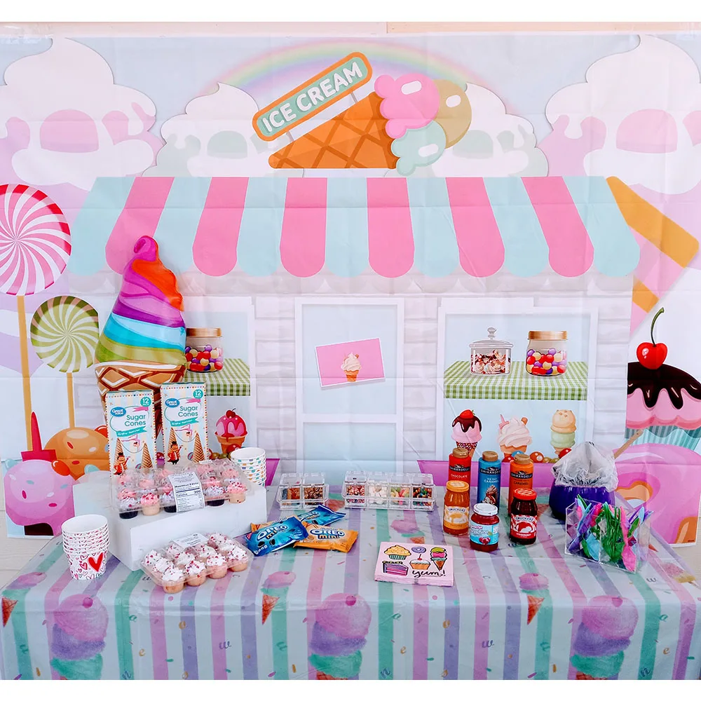 Ice Cream Birthday Party Backdrop Pink Dessert Shop Girl Photo Studio Window Cake Baby Shower Decor Banner Wallpaper Background
