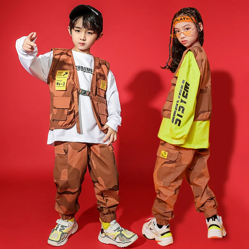 Kid Hip Hop Clothing Sweatshirt Camo Sleeveless Jacket Streetwear Tactical Cargo Pants for Girls Boys Jazz Dance Costume Clothes