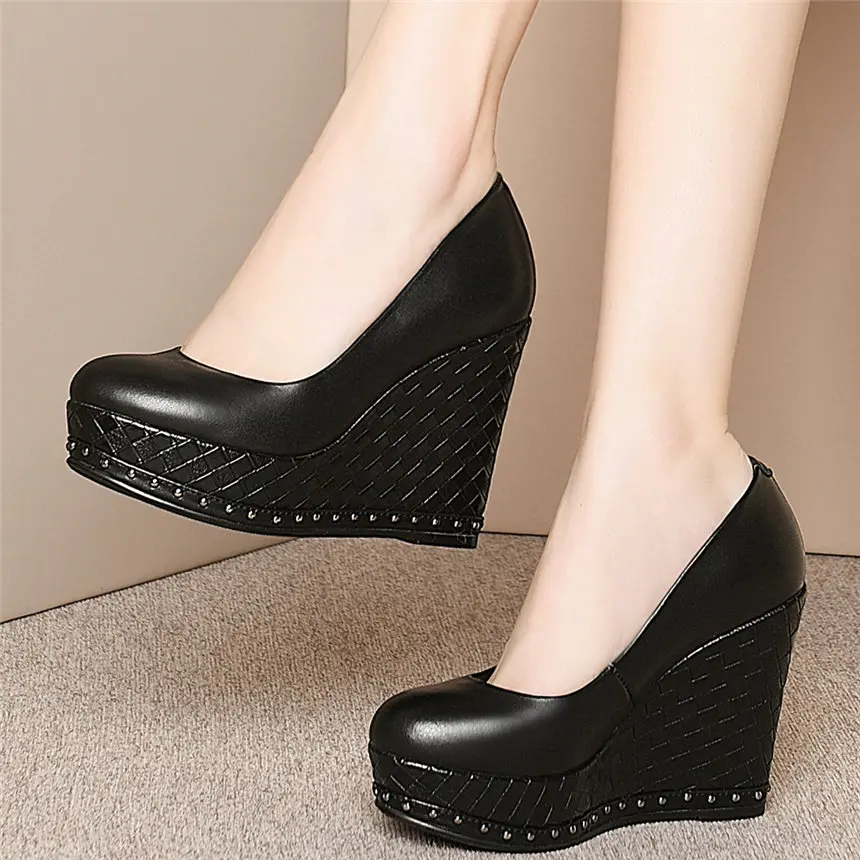 

Casual Shoes Women Genuine Leather Wedges High Heel Ankle Boots Female Round Toe Platform Pumps Shoes Slip On Low Top Mary Janes