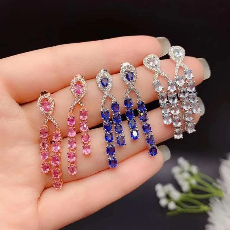 

100% Natural Sapphire Drop Earrings for Party 3mm*3mm Chinese Sapphire Earrings Solid 925 Silver Sapphire Jewelry