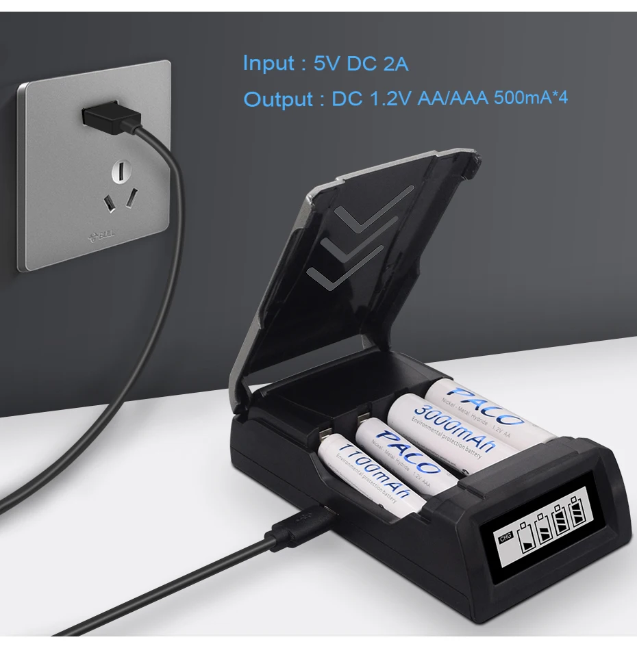 PALO 4-Slots USB-Ladegerät-Set für 1,2 V AA AAA NI-MH-Akku, AA3000 mAh AAA1100 mAh – Detail 6