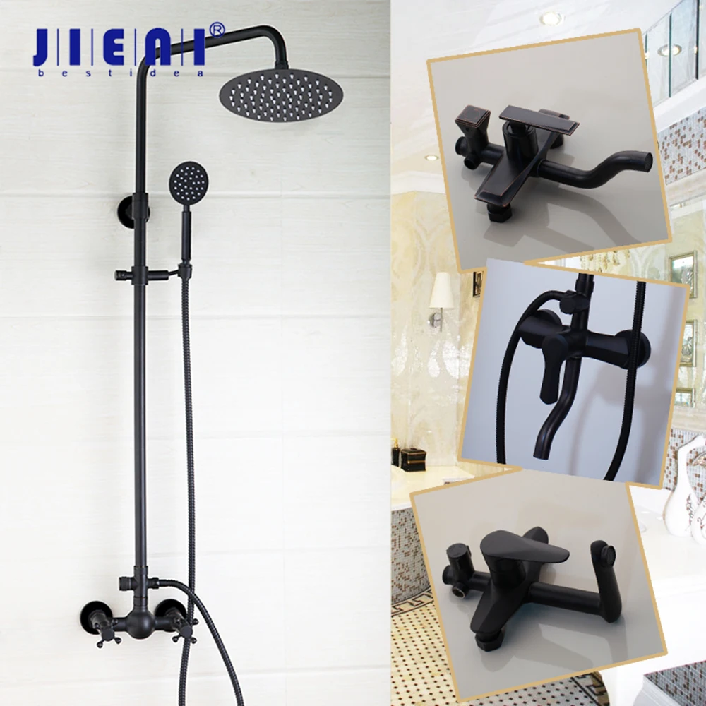 

JIENI Matte Black 8 Inch Bathroom Shower Faucet Wall Mounted Rainfall Round Head Hand Shower 2 Functions Mixer Shower Set