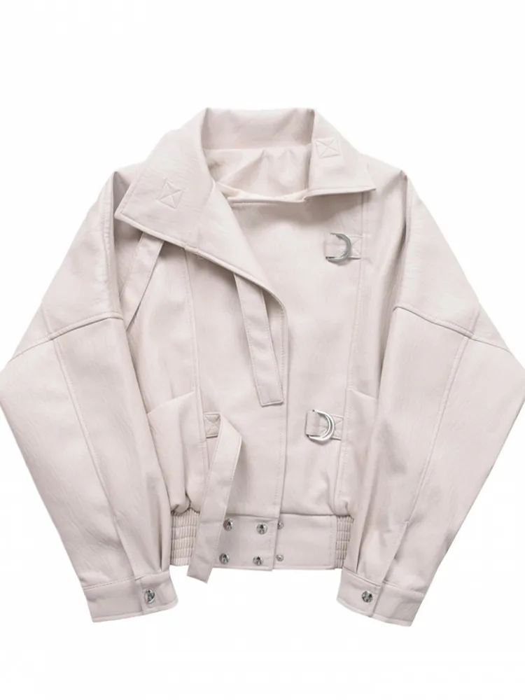 Chaqueta de piel sintética para mujer, abrigo de manga larga con cuello vuelto, holgado, corto, de otoño