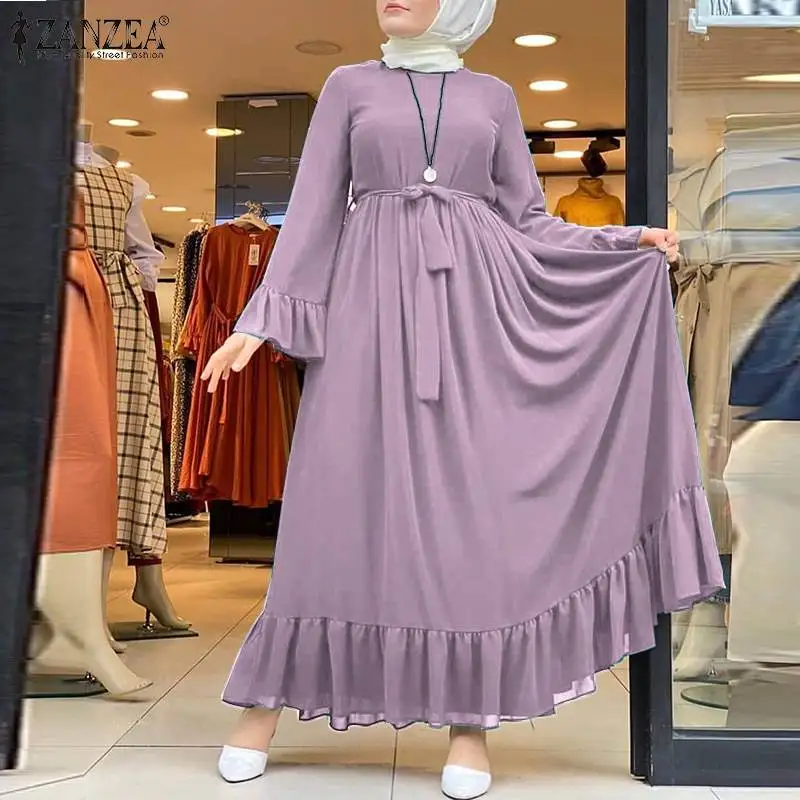 Kobiet muzułmańskich Sundress ZANZEA wiosna elegancka, z falbanami sukienka damskie, patchworkowe Maxi Vestidos na co dzień hidżab sukienka