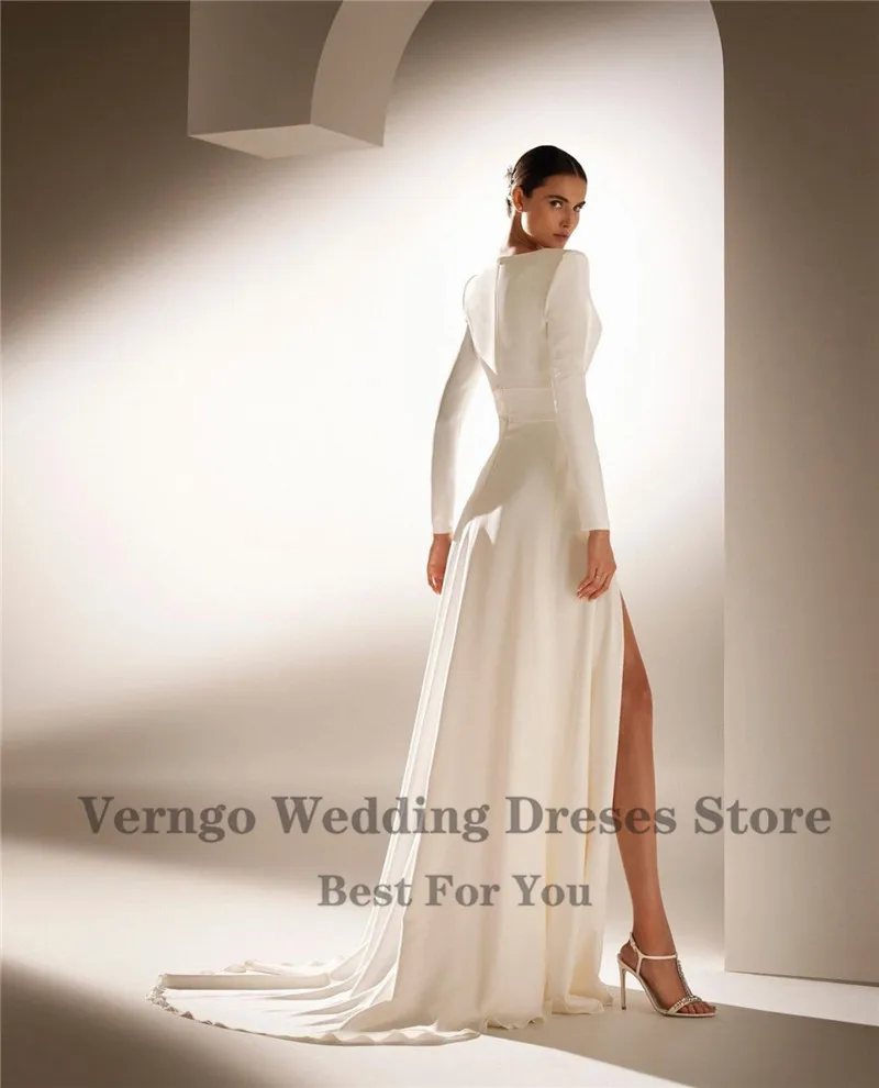 Verngo Simple Ivory Soft Satin A Line Wedding Party Dresses Long Sleeves V Neck High Side Slit 2021Women Formal Gowns Outfit