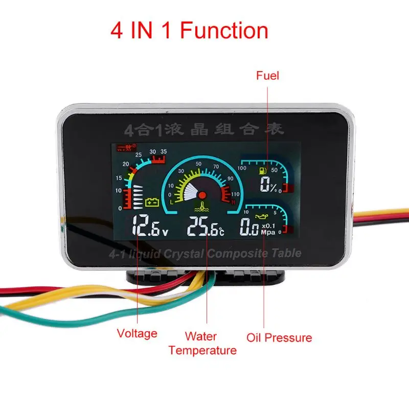 4 In 1 LCD Car Digital Alarm Gauge Pressure Voltmeter Volt Water Temperature Oil Pressure Fuel Gauge Temperature Sensor 12V 24V