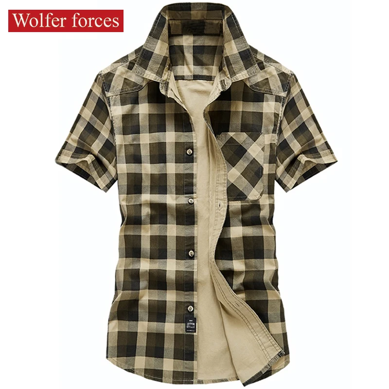 Summer Plaid Short Sleeve Male Shirt Men\'s Cotton Casual  Large Size Social Shirts Jackets Tactics Fashion High Quality Blouse