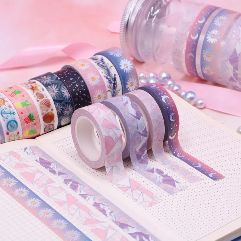 Decorative Daisy Starry Moon Purple mountains Silver Foil Washi Tape Set for Photo Album Adhesive Masking Tape Kawaii Papeleria