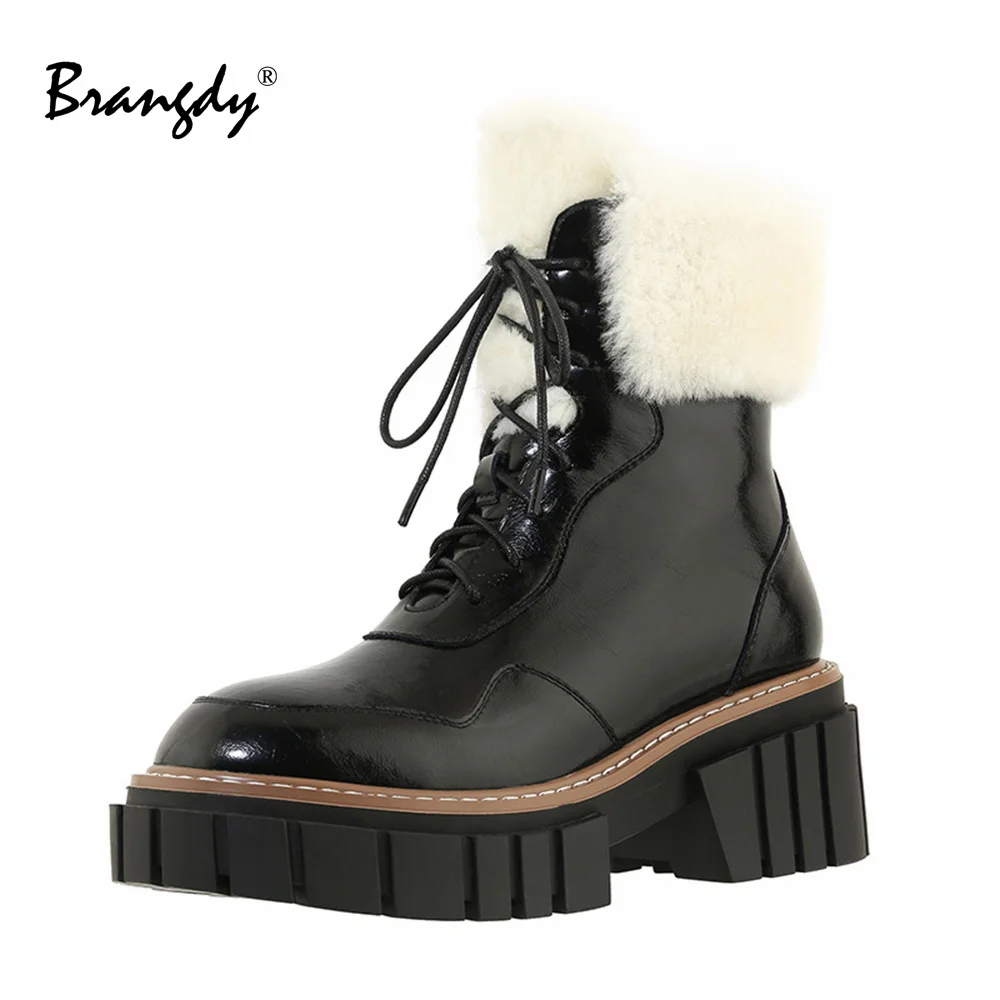 

Brangdy 2022 Fashion Women Ankle Boot Genuine Leather Platform Women Shoes Round Toe Women Winter Boots With Warm Fur Lace Up