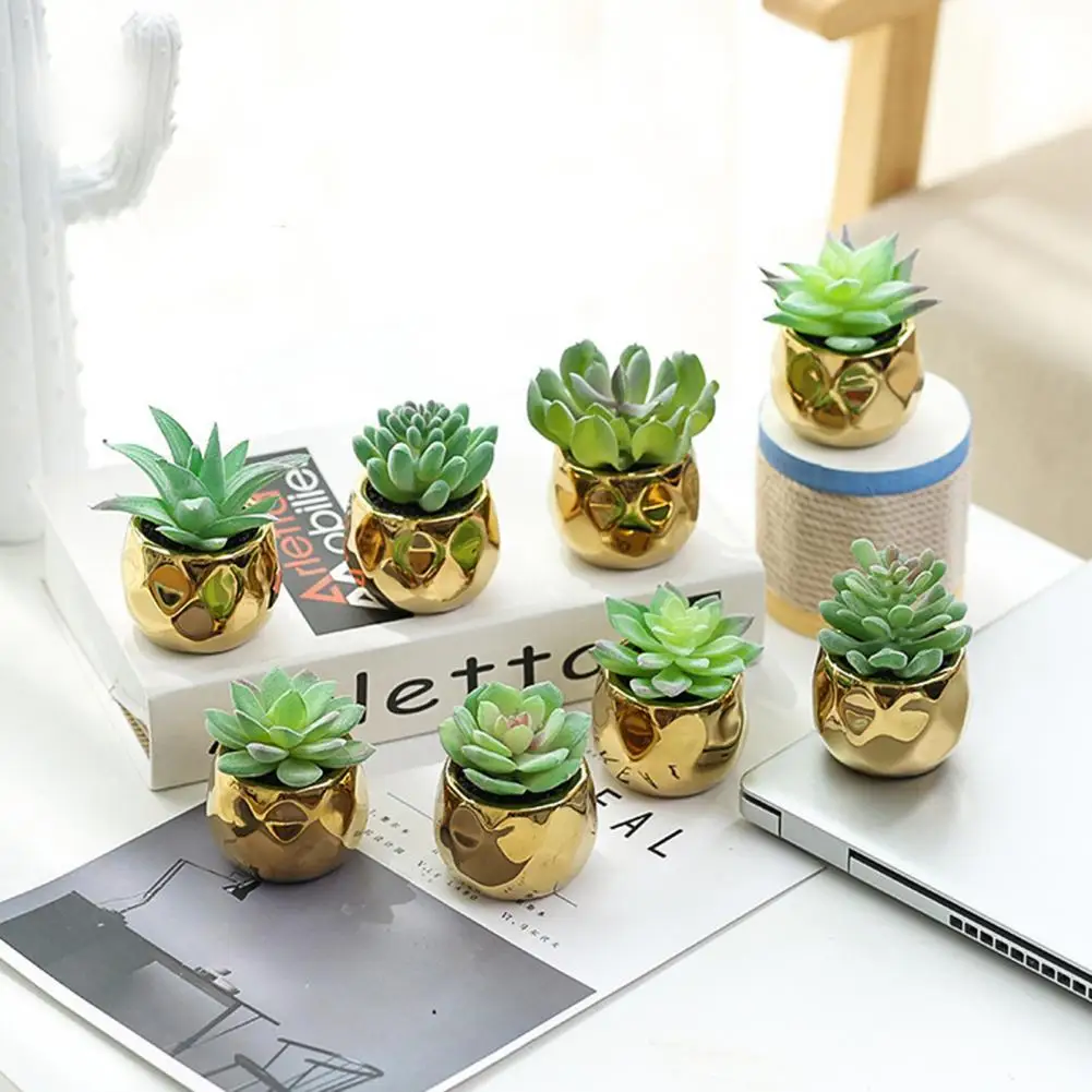 Artificial Plant Decorative Vivid Golden Ceramic Pots PVC Faux Succulents Mini Potted for Garden