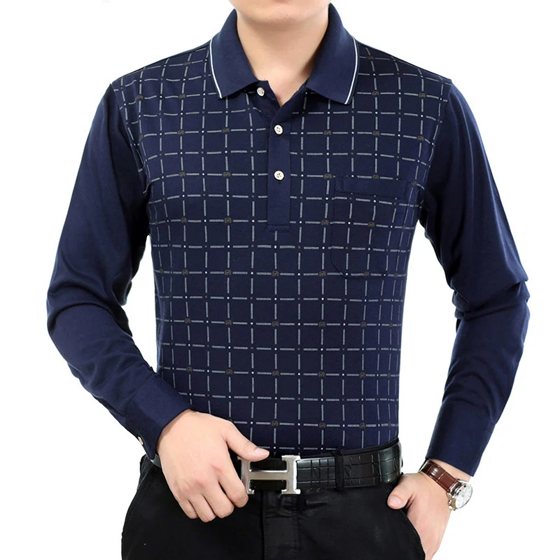 100% Cotton Men T-shirt Plaid Polo Shirts Long sleeve Tun Down Collar Basic Man Tees Tops Polos Work Wear Office Clothes Casual