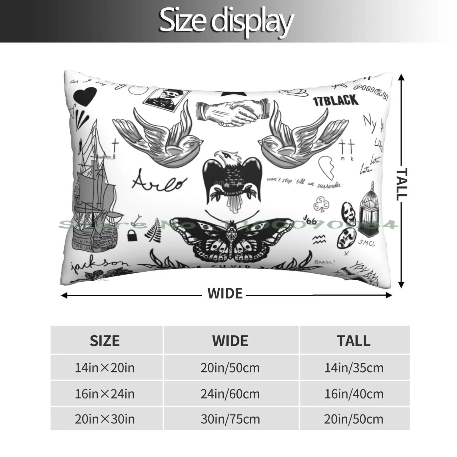 Harry’s Tattoos Pillow Case 20x30 50*75 Sofa Bedroom Tattoos Birds Long Rectangle Pillowcover Home Outdoor Cushion Decor