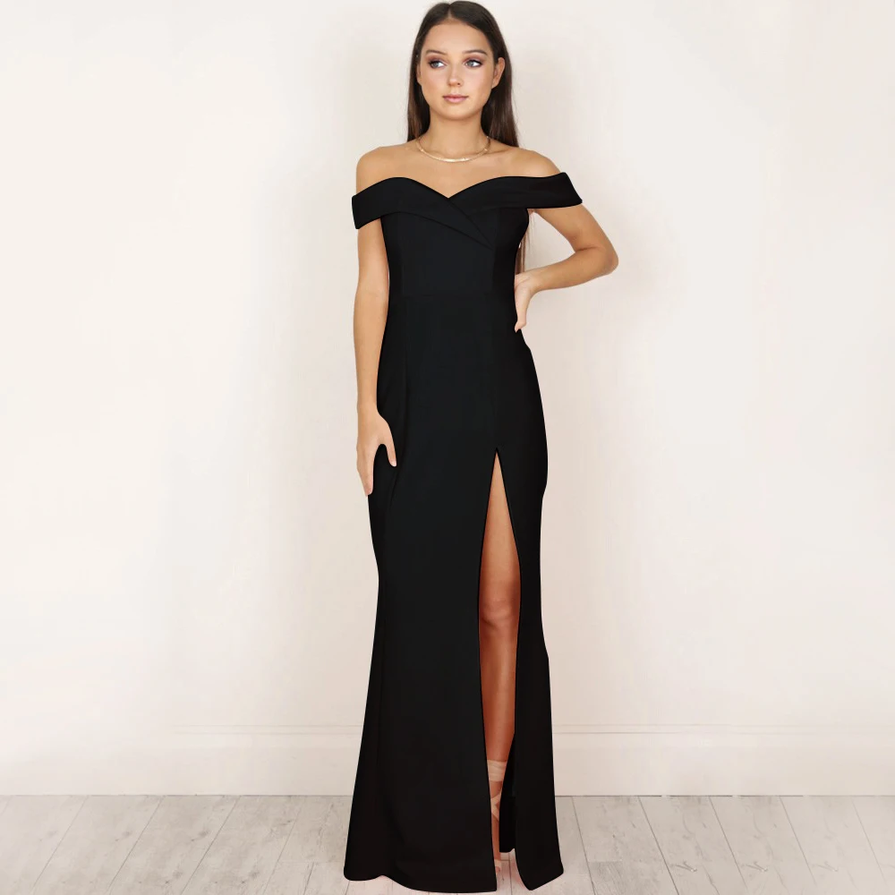 

Black Off-Shoulder Sweetheart Sleeveless long Evening Dresses Dress Mermaid Thigh-High Slits Gown Satin Prom Party Gown