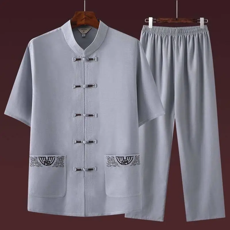 Traditional Chinese Clothing Set for Men Adult Tai Chi Kung Fu Uniforms Linen Short Sleeve Embroidery Casual Chinese Costumes