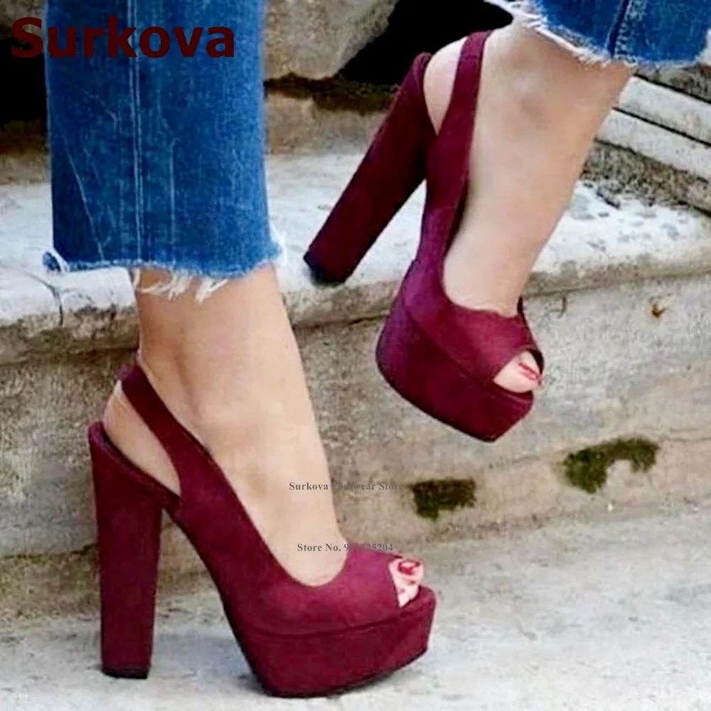 Surkova bordowy czarny zamsz Chunky Heel sukienka buty z wystającym palcem platformy ślubne pompy Size46 Dropship bankiet obuwie wino czerwone