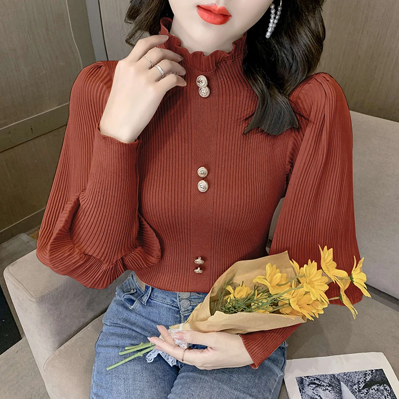 Patched Full Chiffon Lantern Sleeve Knitted Sweaters Jumpers Crop Tops Girls Turtleneck Solid Buttons Sweater Pullovers Women